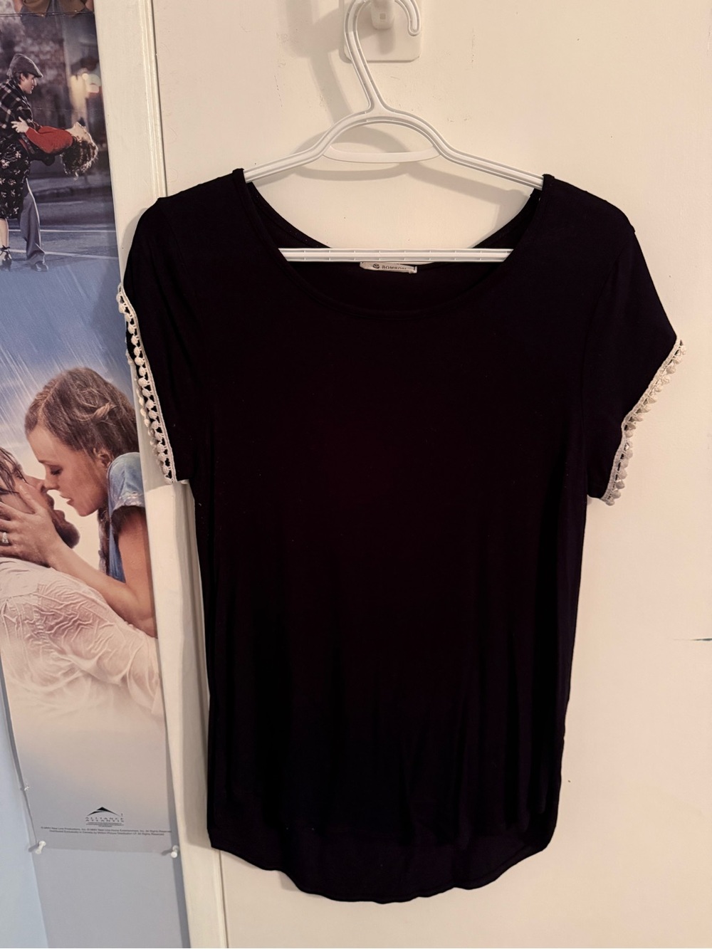 Women’s Black Short Sleeve Tee with Crochet-Trim Sleeves
